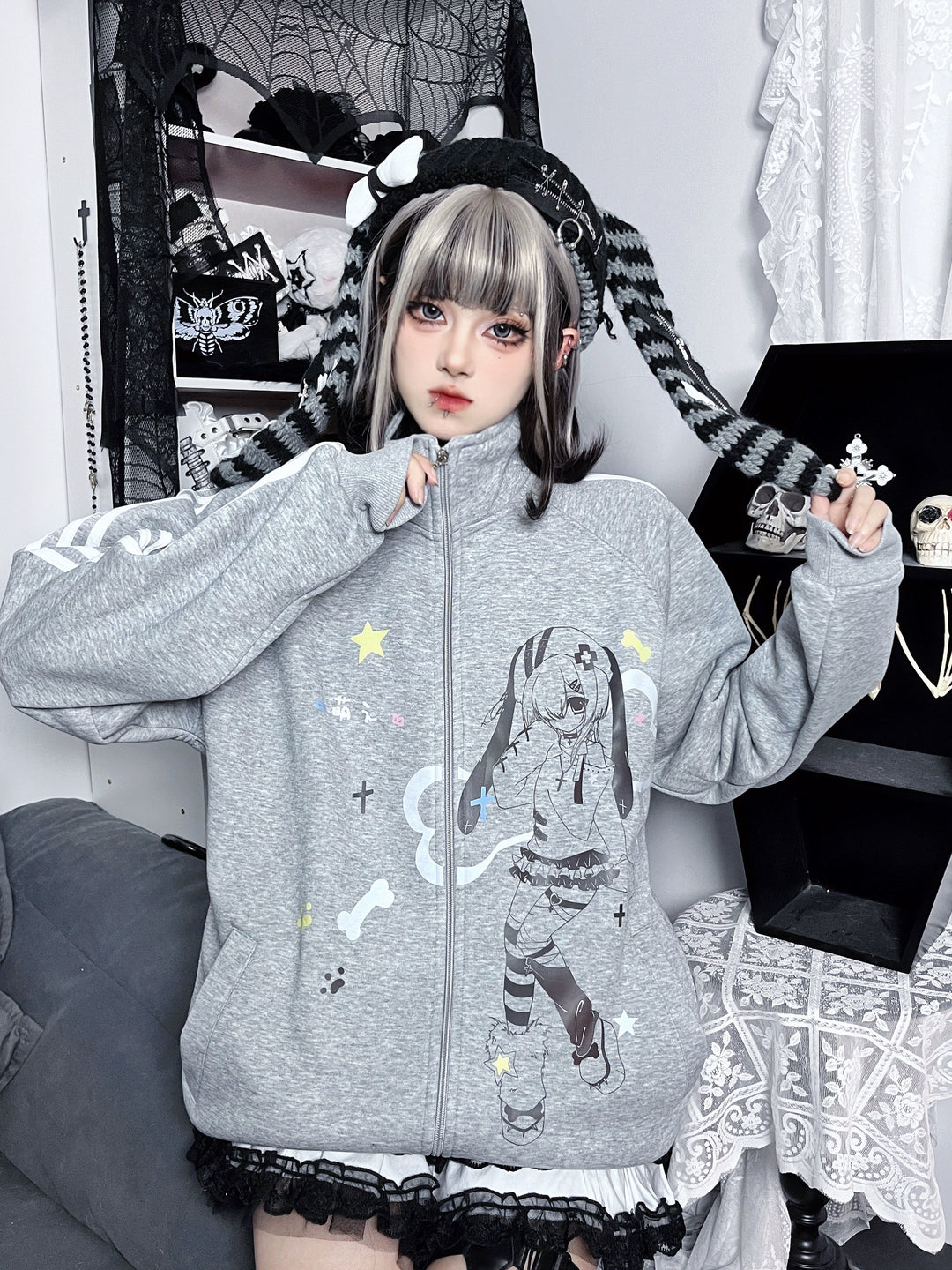 Plus Size Kawaii Jacket Grey Stand Collar Hoodie 35340:489200 35340:489200