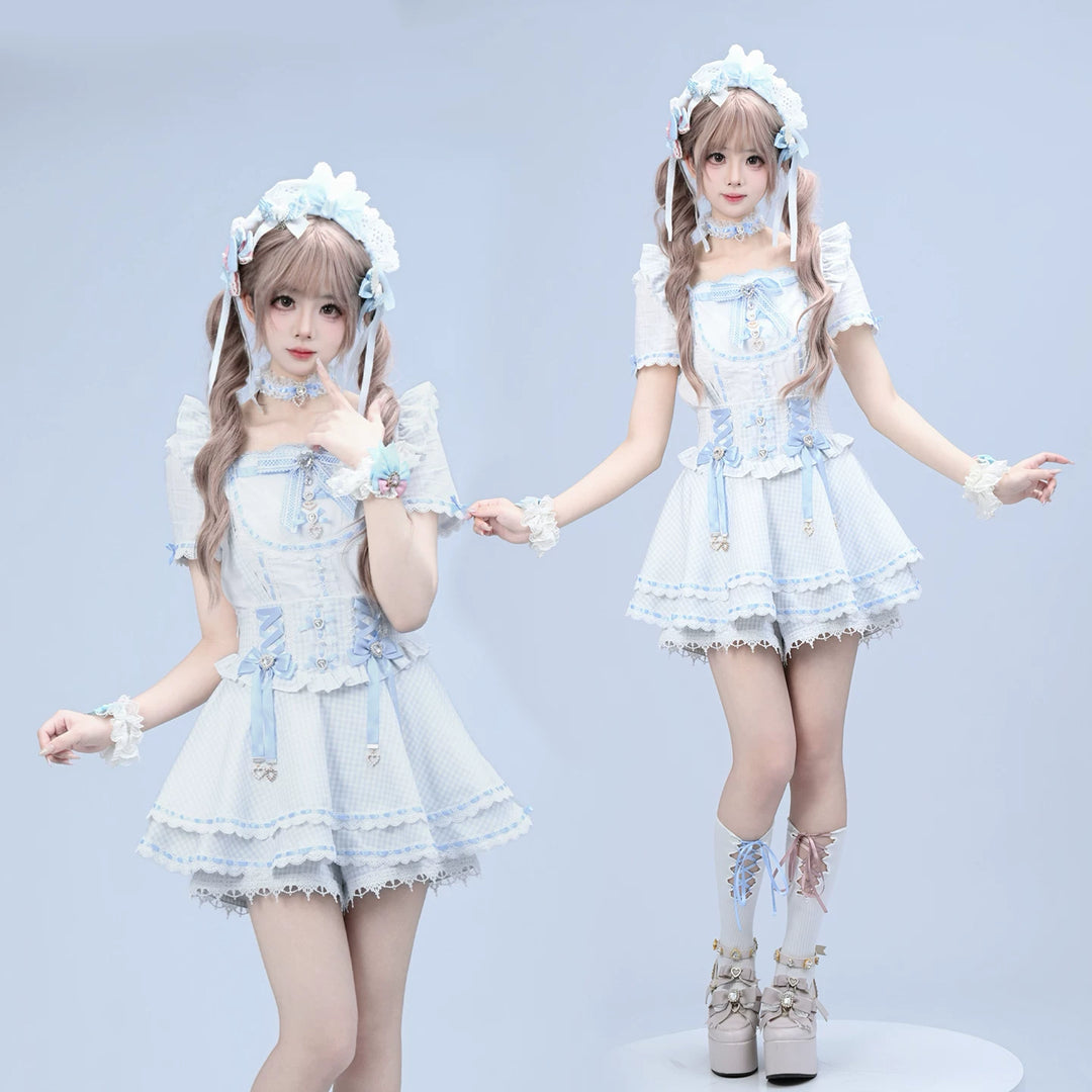 Jirai Kei Cotton Shirt, High-Waisted Suspender Skirt 45267:845219