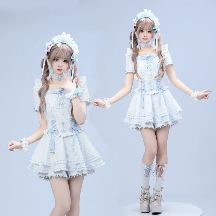 Jirai Kei Cotton Shirt, High-Waisted Suspender Skirt 45267:845219