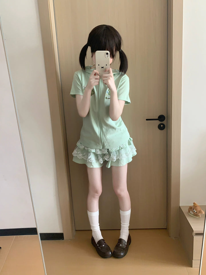 Bunny Eared Kawaii Outfit, Zip-Up Sweatshirt + Lace Skirt 43558:779761