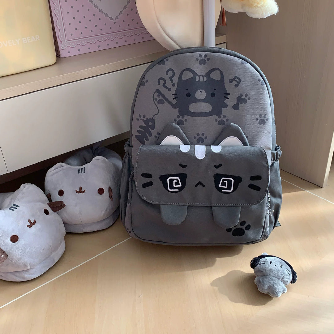 Kawaii Gray Canvas Backpack, Cat Print & Embroidery 45723:862438
