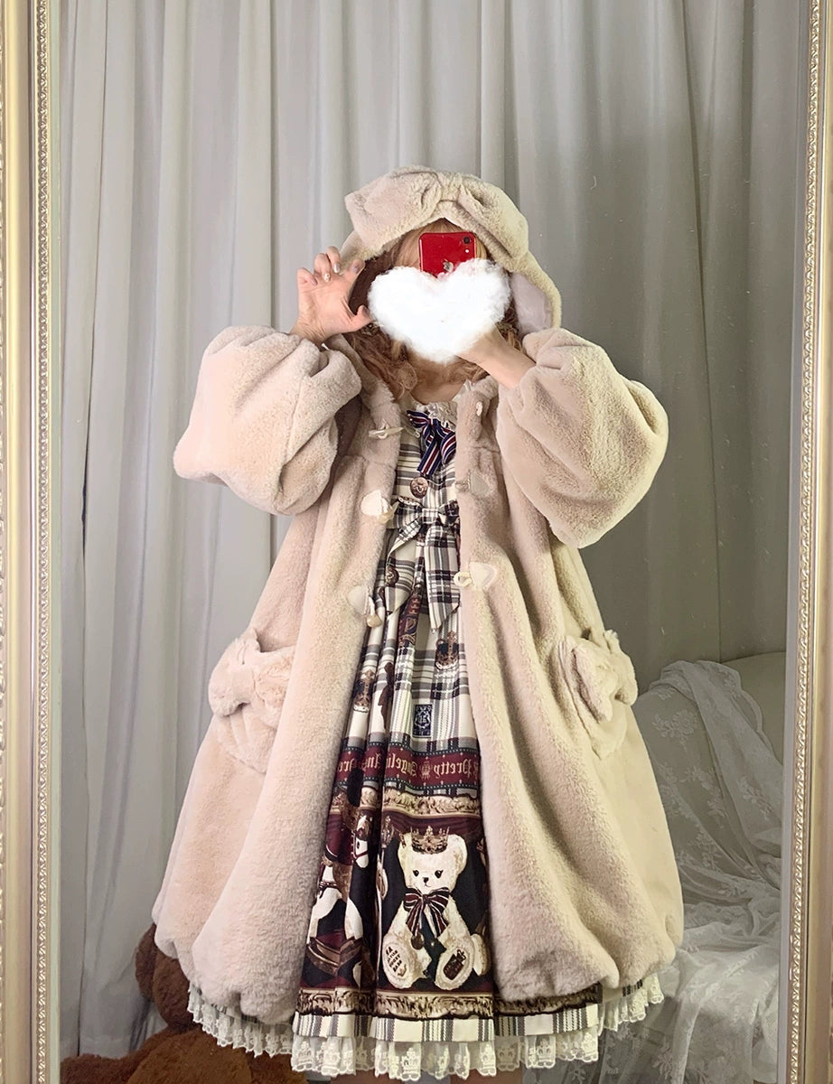 Kawaii Beige Winter Coat Bunny Fur Toggle Coat 22762:353564 22762:353564