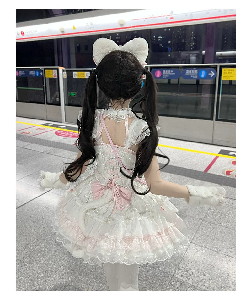Kawaii Lolita Tiered Skirt Set, Cat Ears & Polka Dot Bow 44958:837111