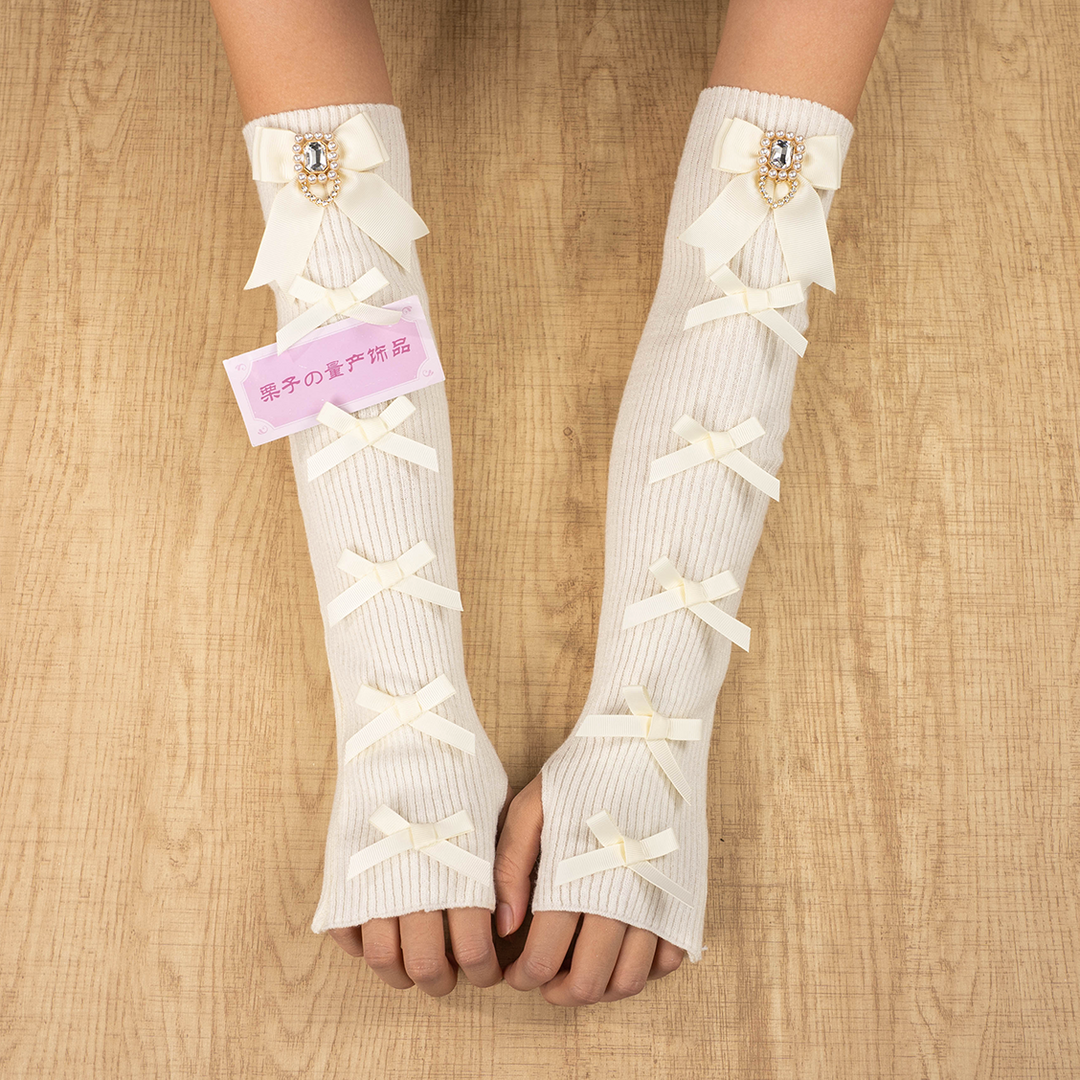 Jirai Kei Hand Sleeves Knitted Half-Finger Bowknot Gloves 39660:649078