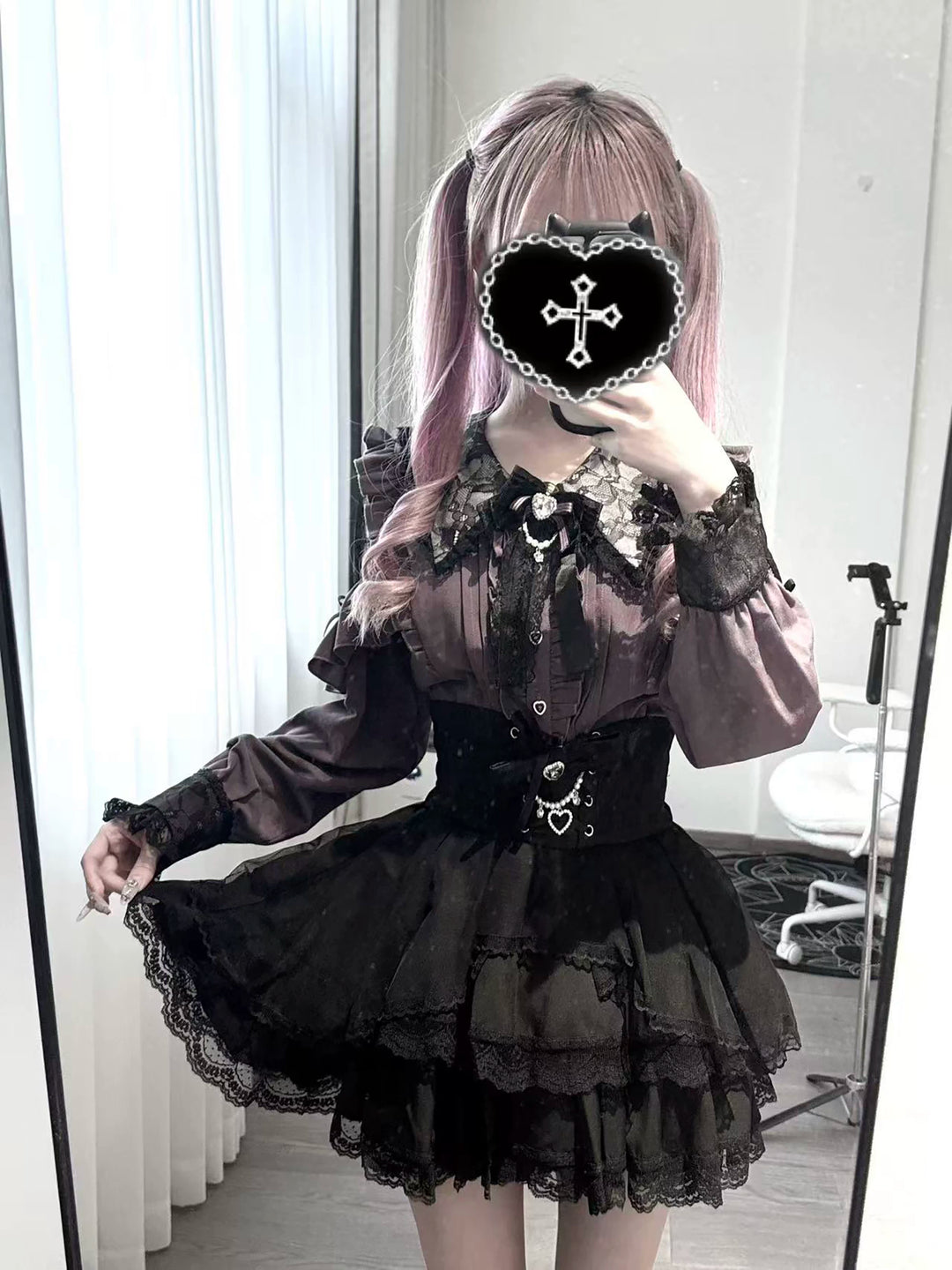 Jirai Kei Long Sleeve Blouse, Lace Open-Shoulder 44588:815074