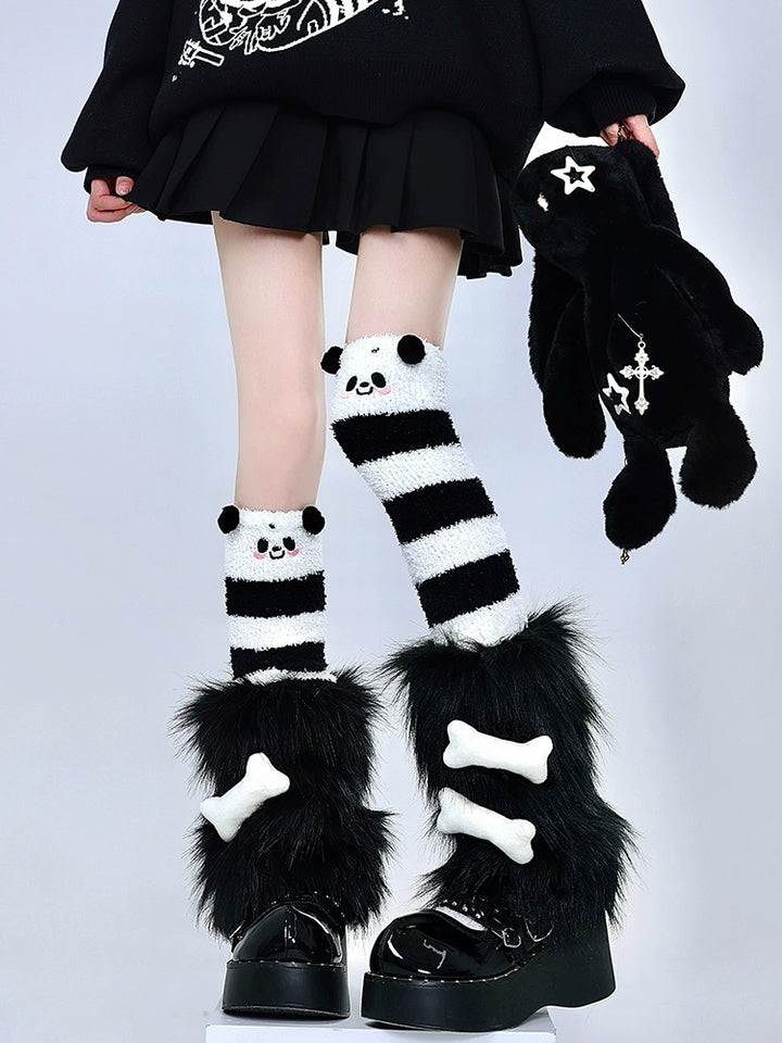 Y2K Socks Black Plush Leg Warmers Striped Knee Socks 39750:640764