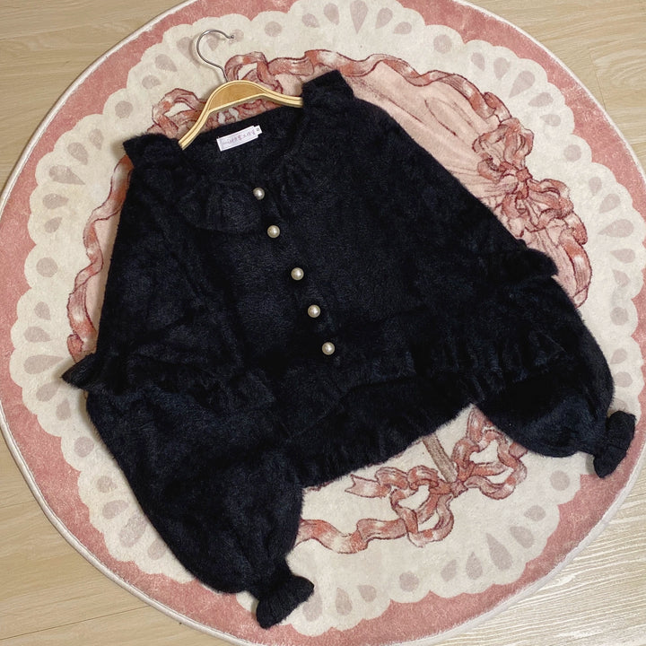 Sweet Lolita Cardigan Bubble Sleeve Ruffle Trim Sweater (Black / L S) 40320:659504