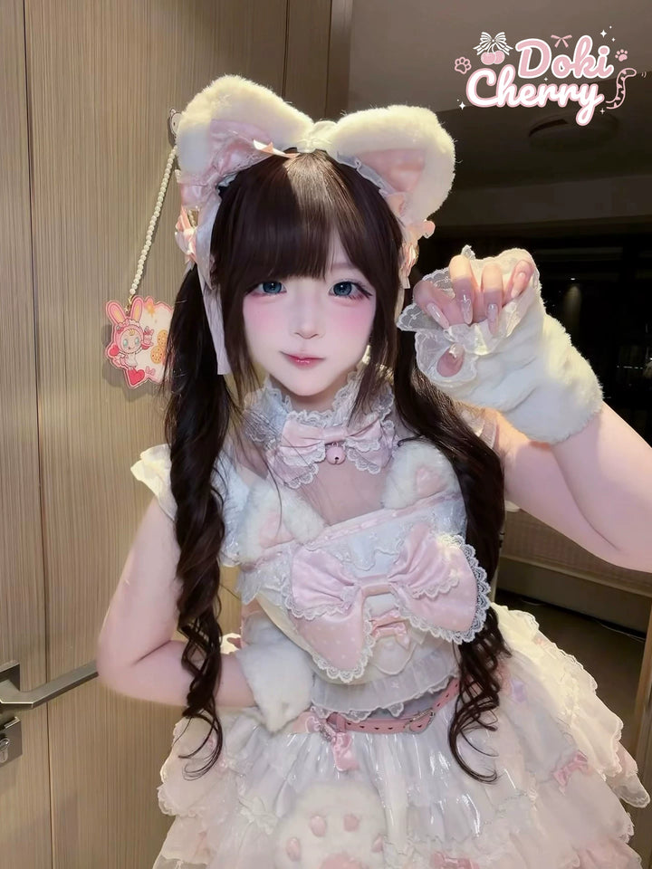 Kawaii Lolita Tiered Skirt Set, Cat Ears & Polka Dot Bow (M) / L M S) 44958:837097