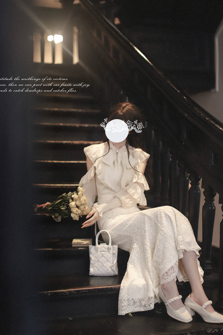 Elegant Open-Shoulder Blouse, Lace Mermaid Skirt 44039:793633