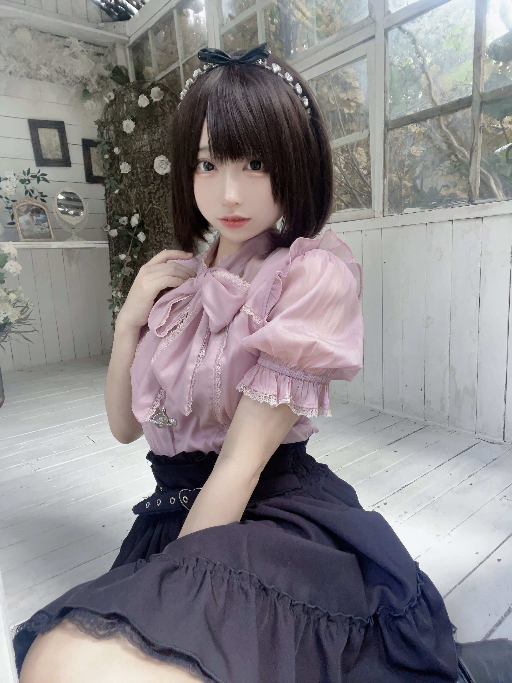 Jirai Kei Blouse Black White Pink Shirt Bowknot Short Sleeve Shirt 31994:425550