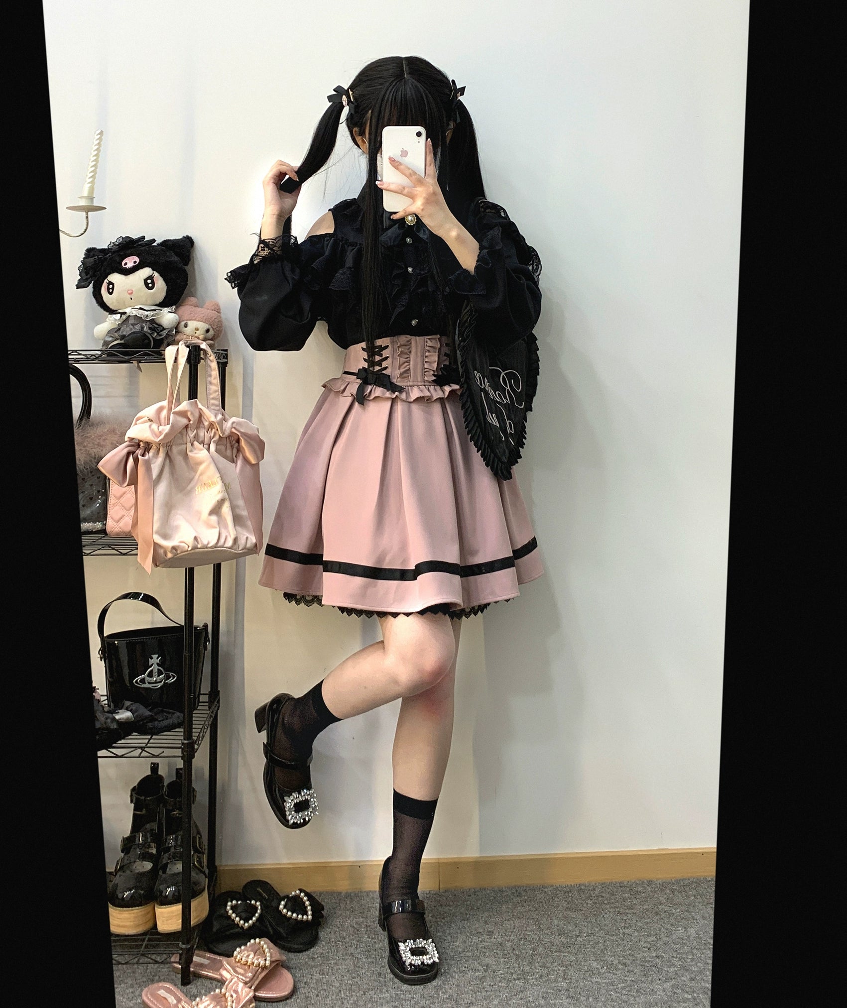 Jirai Kei Skirt High Waist Lace Up Skirt With Bow Tie 31860:396622
