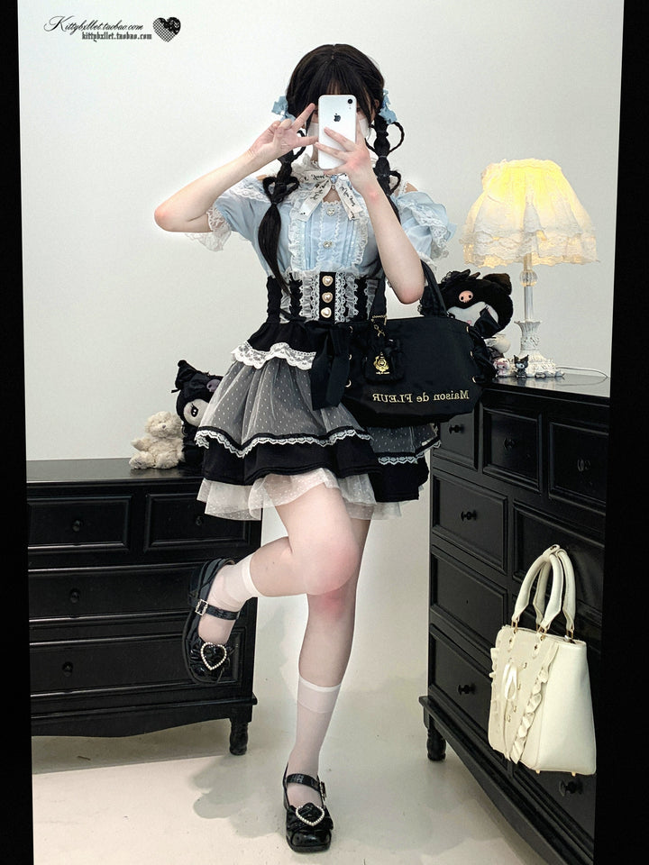 Lace Open Shoulder Jirai Kei Blouse, Heart Rhinestone 43692:783145