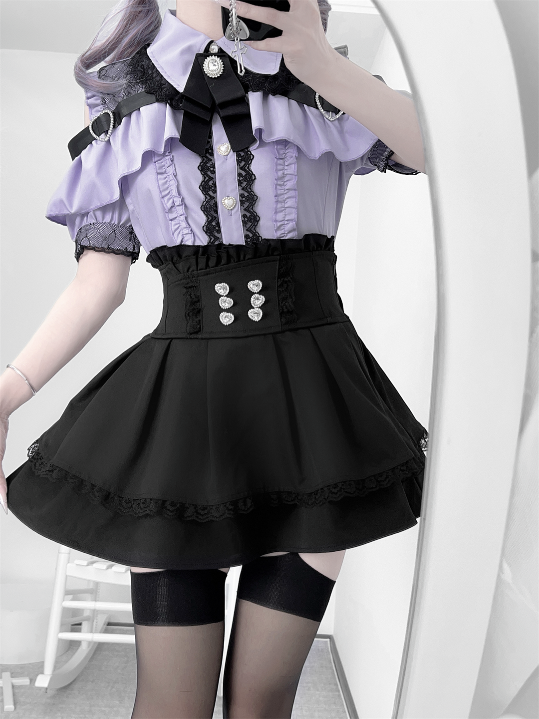 Black Jirai Kei Skirt High Waistband With Rhinestones 43246:771046