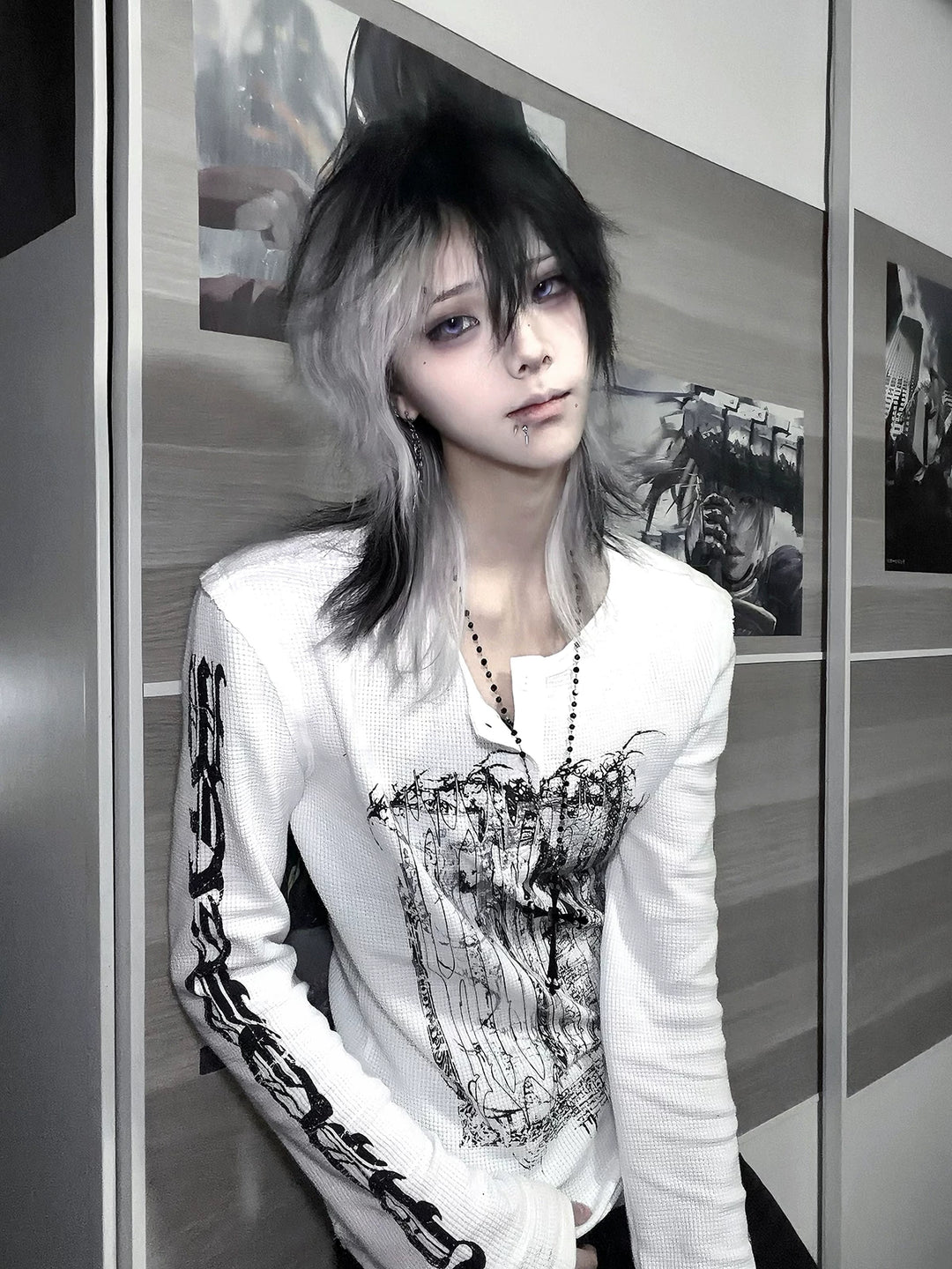 Gothic Printed Long Sleeve T-Shirt, Stretch Cotton 46066:874574