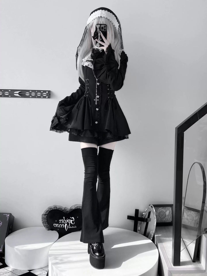 Jirai Kei Flared Sleeve Dress Set, Cross Accents 44369:807262