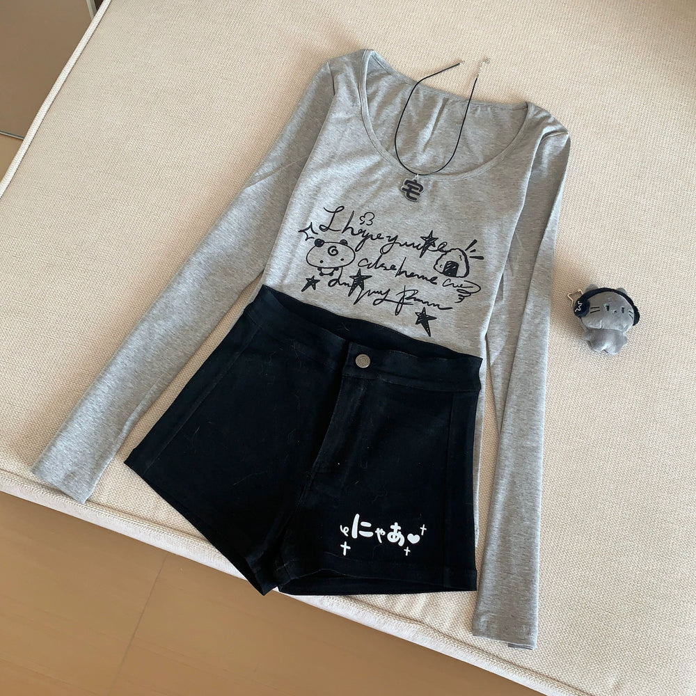 Black Gyaru Style Shorts with White Japanese Lettering (L M S) 42902:757258