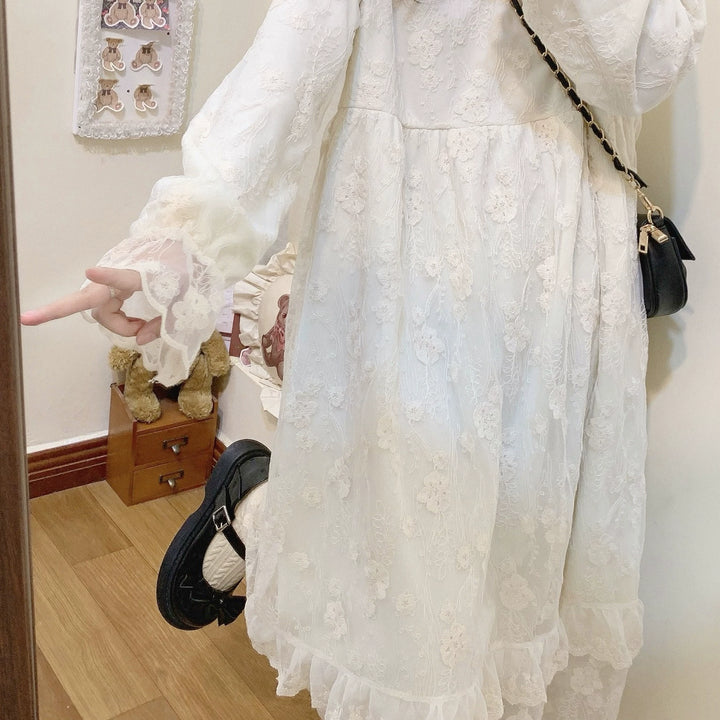 Mori Kei Dress Lace Long Sleeve Fleece-Lined Dress 39434:635820