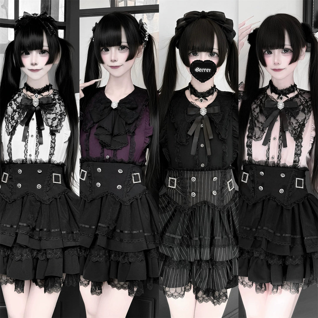 Jirai Kei Lace Blouse, High-Waist Tiered Skirt 44525:811404