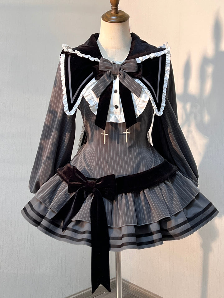 Kawaii Lolita Dress Grey OP With Long Bunny Ears and Plush Ball (OP / L M S XL) 42320:736351