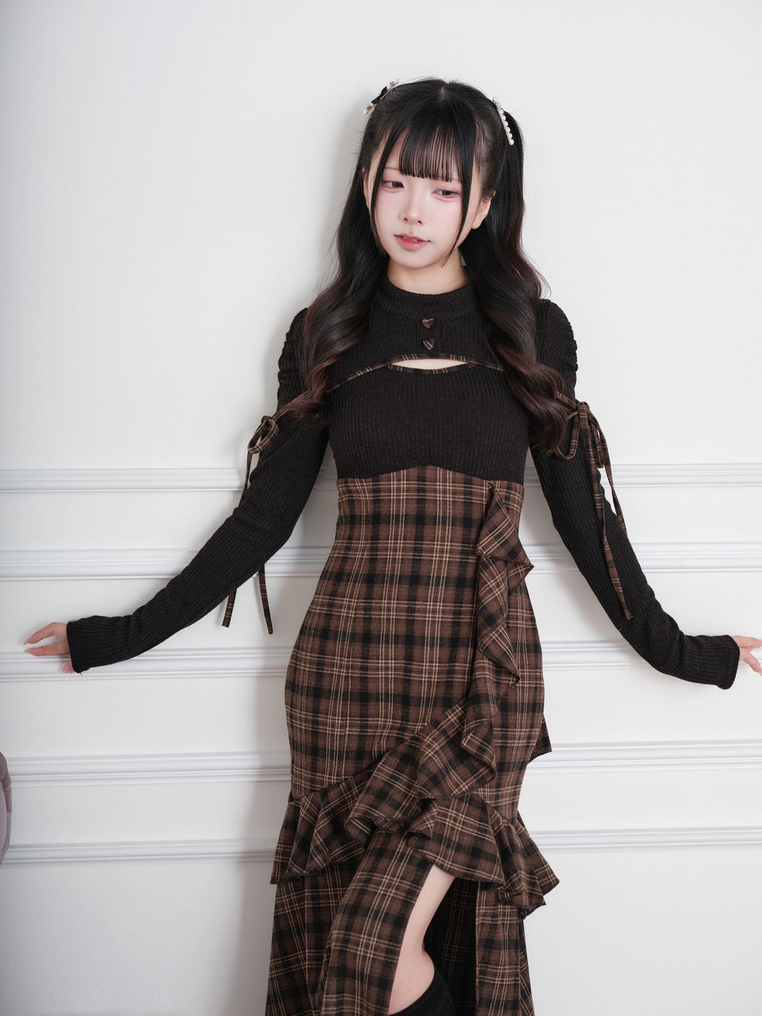 Jirai Kei Plaid Dress, Chest Cutout & Flounce Slit Hem 45956:869337