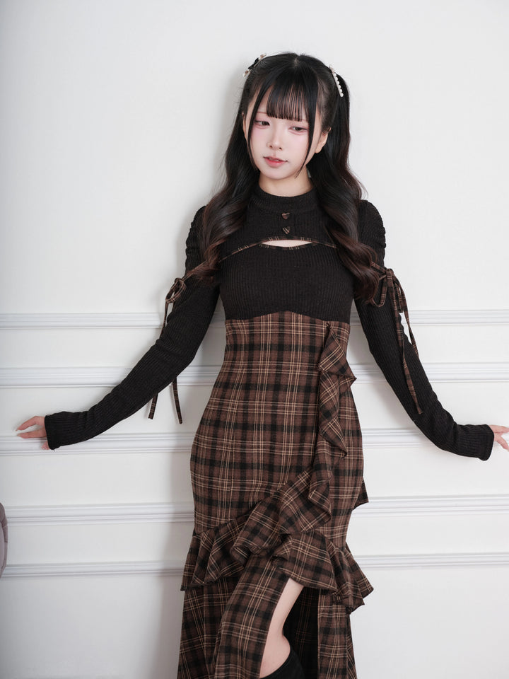 Jirai Kei Plaid Dress, Chest Cutout & Flounce Slit Hem 45956:869337