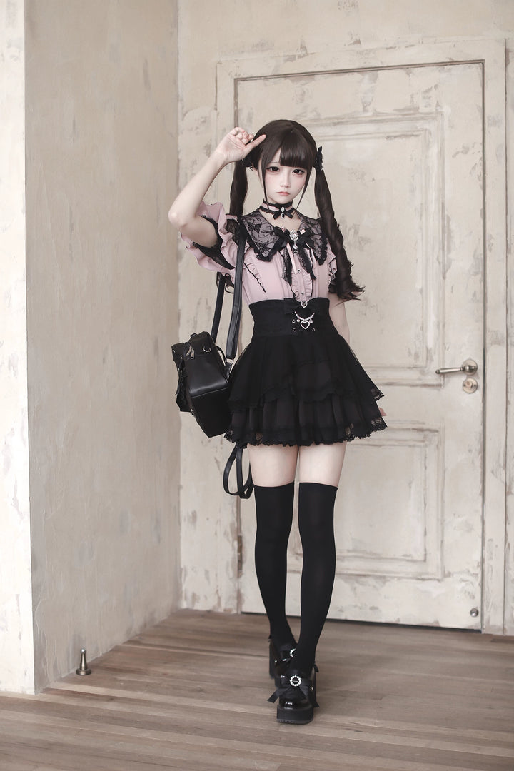 Jirai Kei Lace Sleeve Blouse, Ruffle Details 45194:841362