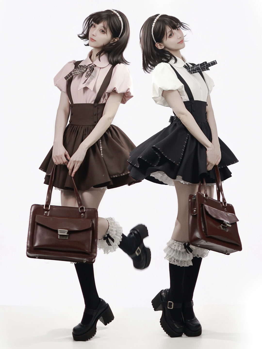Academia Bubble Sleeve Blouse, Elastic Waist Suspender Skirt 45875:866359