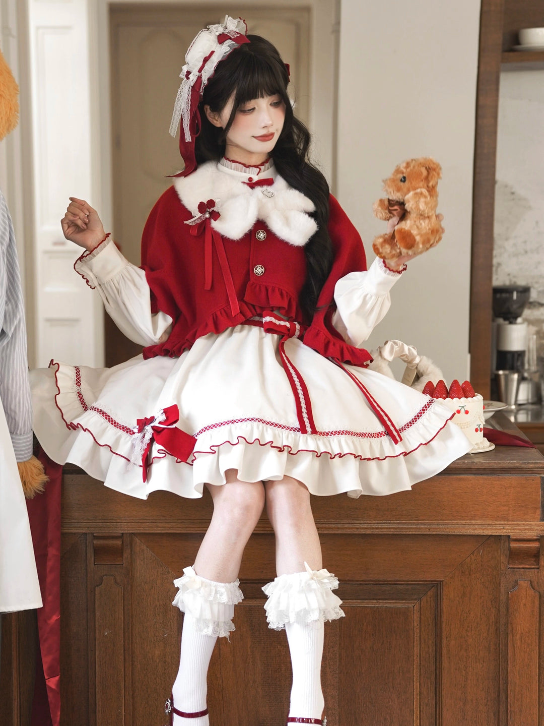 Christmas Dress Outfit, Red Cape with Detachable Collar 44323:804988