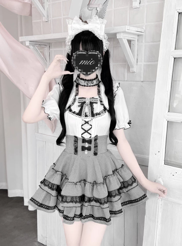 Jirai Kei Heart Lace Collar Blouse, High-waisted Tiered Skirt 45726:862565
