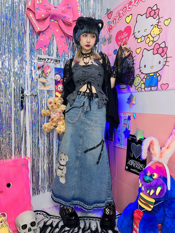 Y2K Blue Denim Skirt With Bear Pattern 29604:365434 29604:365434