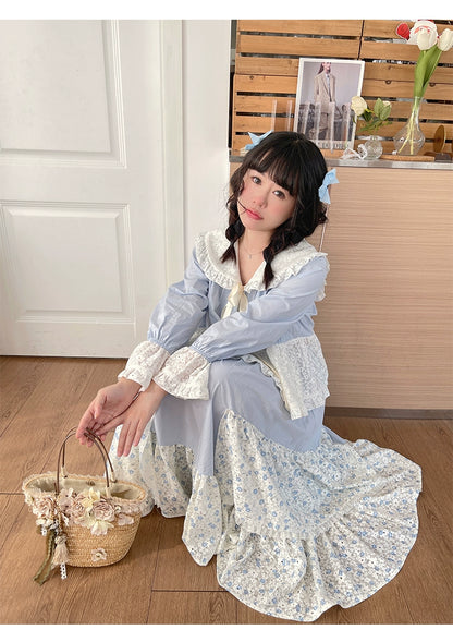 Mori Kei Skirt Patchwork Floral Skirt High Waist Cotton Skirt 36558:531102
