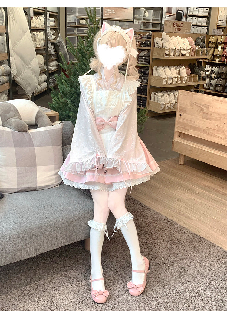 Kawaii Outfit White Maid Blouse And Pink Skirt With Apron 42283:735250