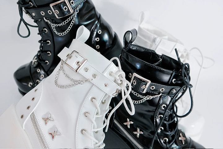 Punk Shoes Black White Platform Gyaru Fashion Combat Boots 29710:368876