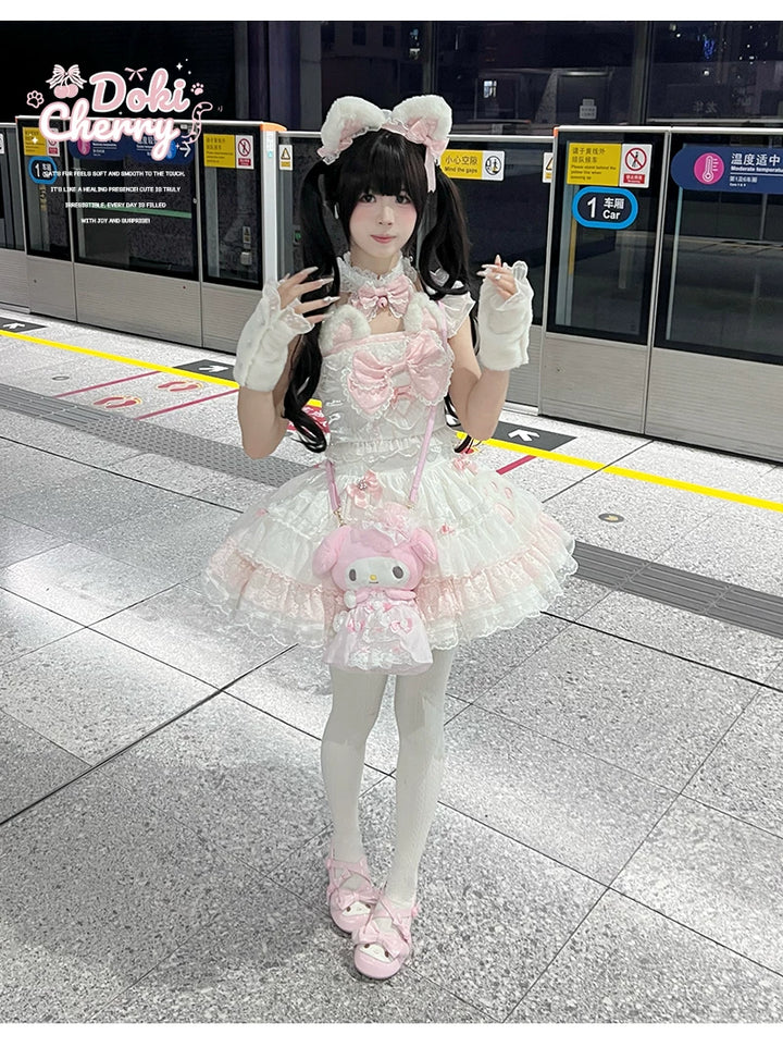 Kawaii Lolita Tiered Skirt Set, Cat Ears & Polka Dot Bow 44958:837103