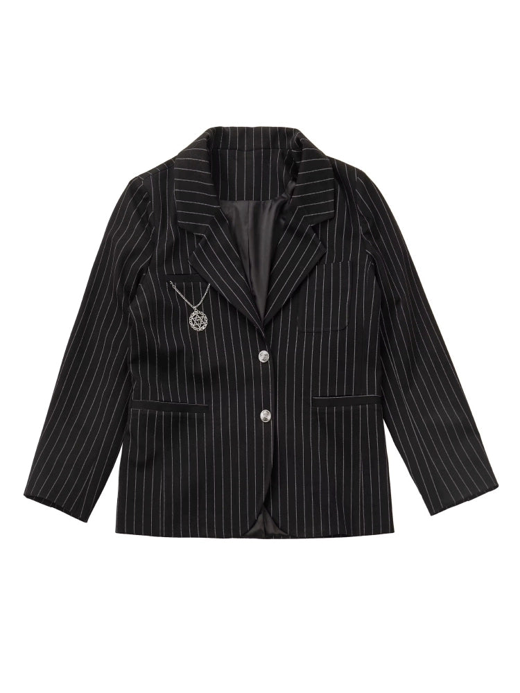 Black Striped Blazer Skirt with White Shirt Set 29366:355418 29366:355418