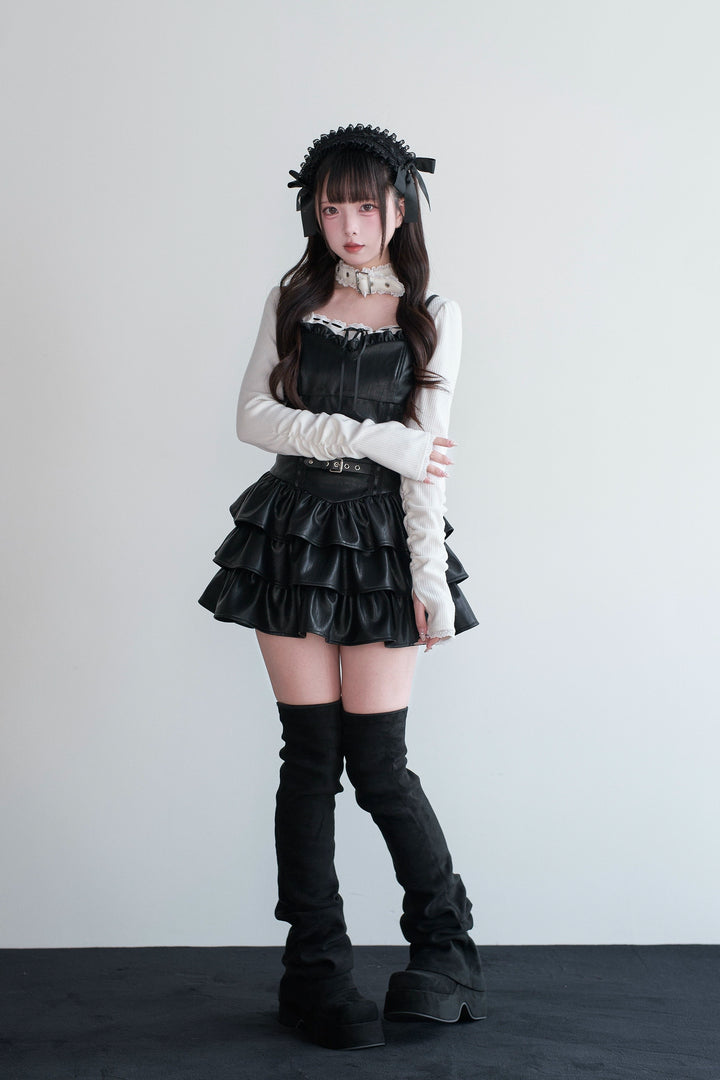 Jirai Kei Strappy Mini Dress, Tiered Ruffles 44328:805449