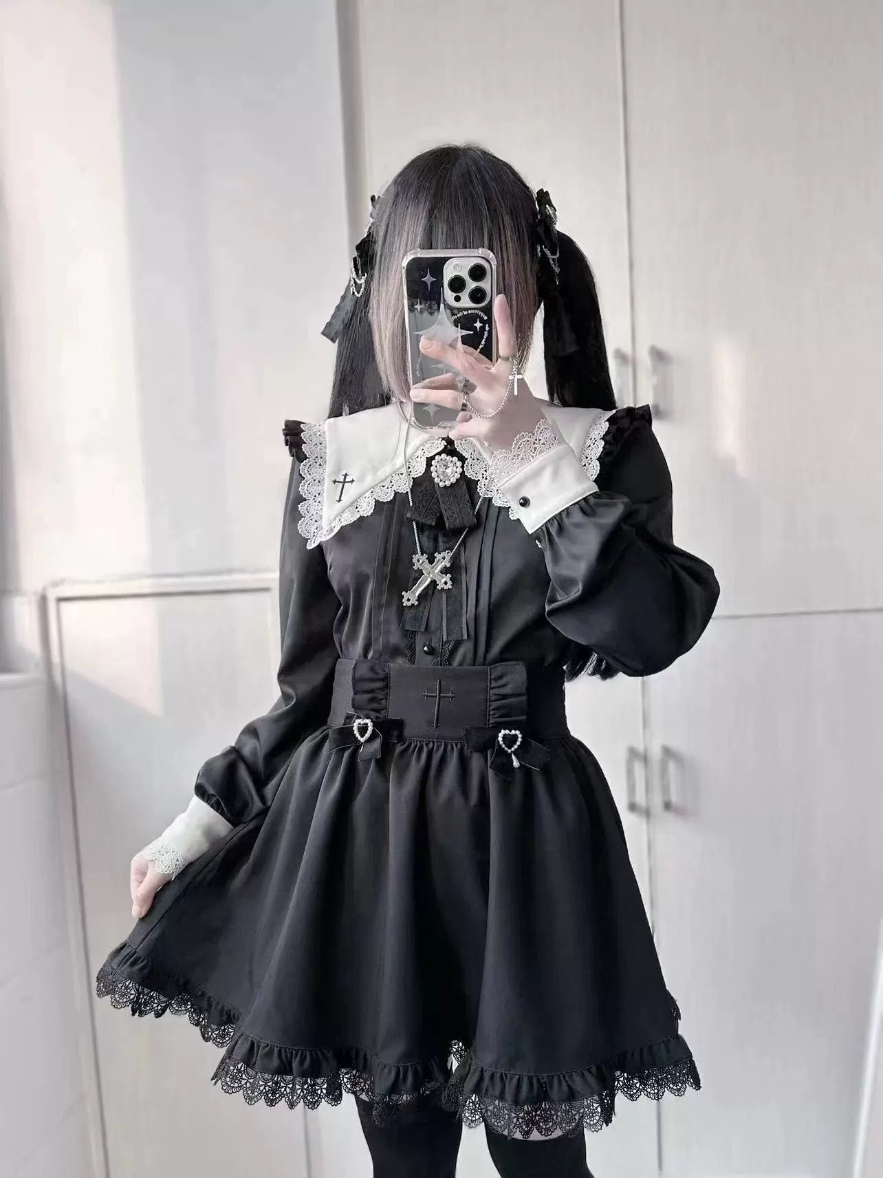Jirai Kei Set Black Pink Sailor Collar Blouse Cross Skirt 37666:564480