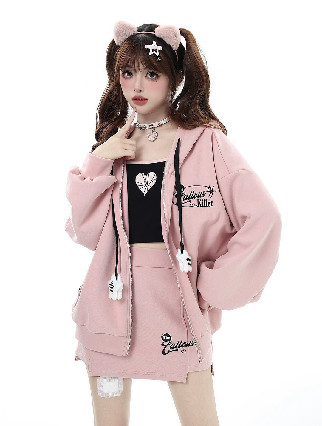 Jirai Kei Hoodie Zipper Jacket Casual Wear Skirt Set Pink Black 32456:439346