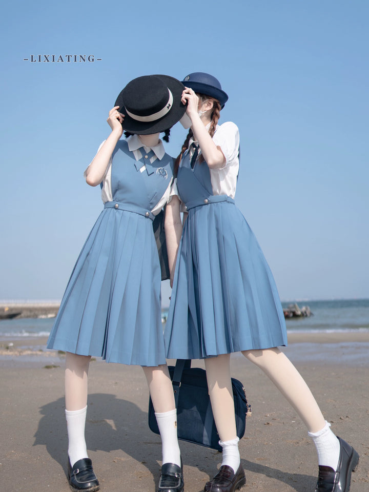 Gay-Blue Knee-Length JK Uniform, Detachable Vest 43446:778470