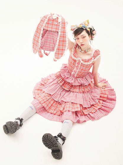 Sweet Lolita Dress Pink Plaid Dress Kawaii Layered Dress 36166:543330