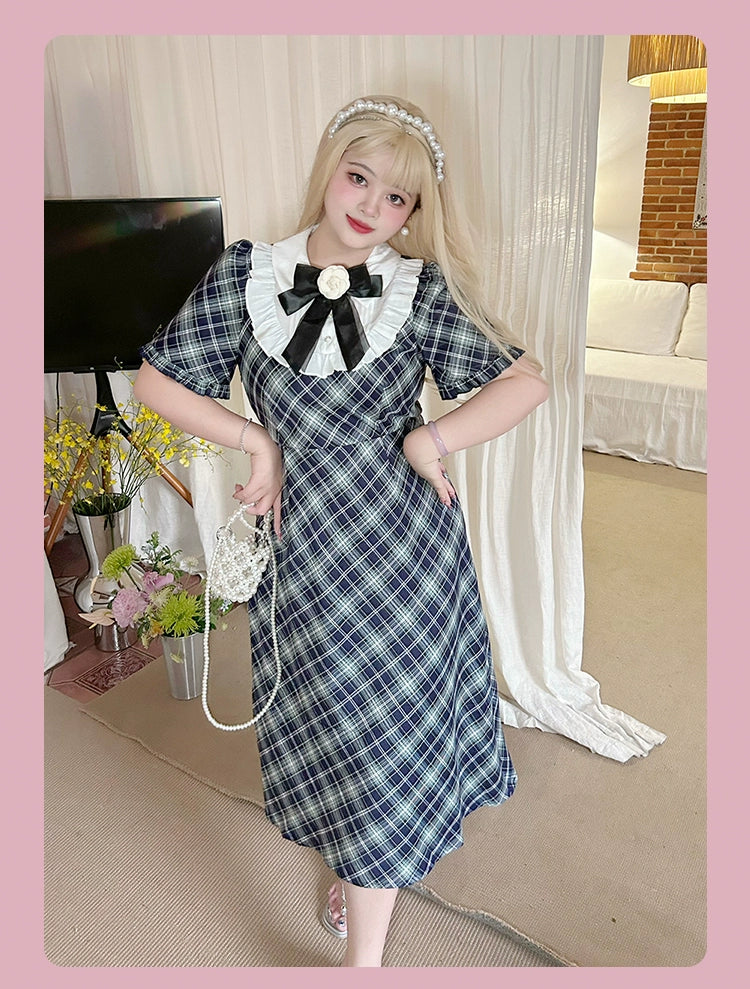 Plus Size Blue And Green Plaid Dress 22062:323806 22062:323806