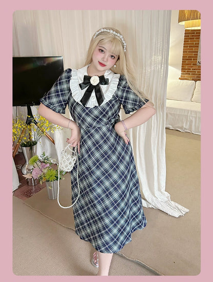 Plus Size Blue And Green Plaid Dress 22062:323806