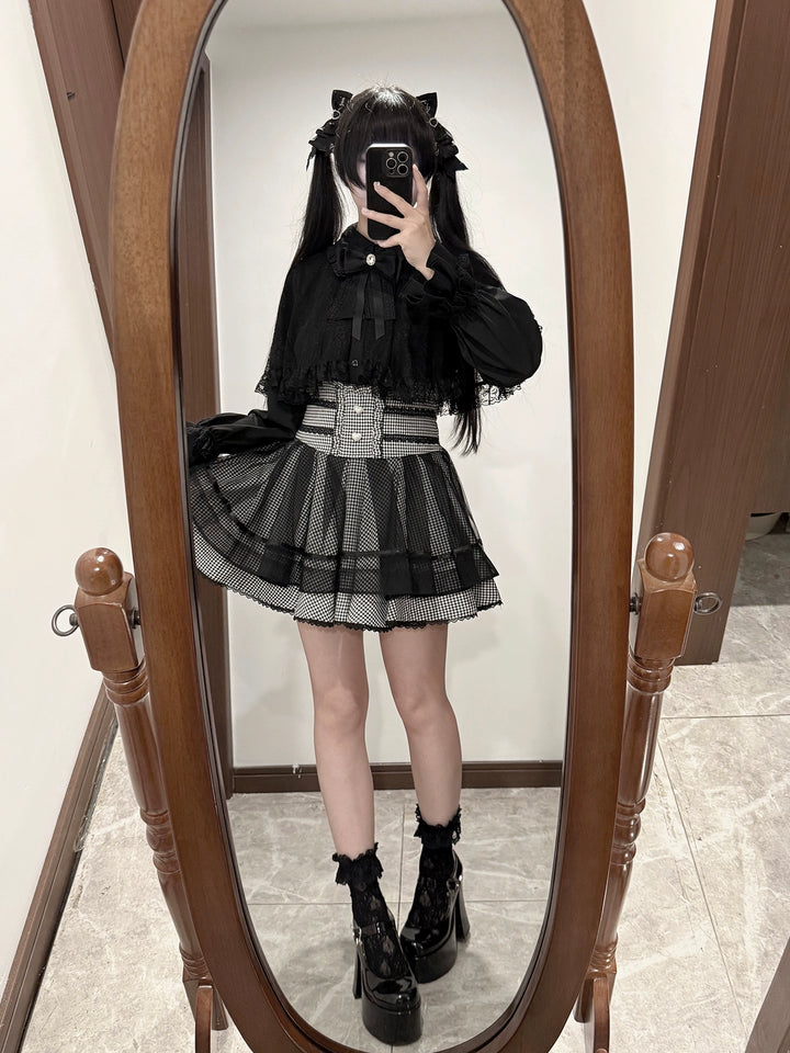 Jirai Kei Lace-cape Blouse, High-waist Skirt Outfit 43933:790388