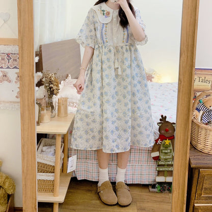 Cottagecore Dress Mori Kei Dress Blue Floral Dress 36236:526684