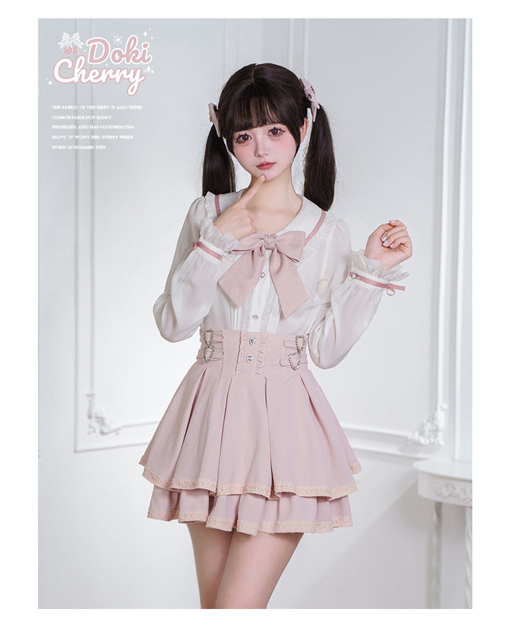 Jirai Kei Outfit A-Line Skirt and Long-Sleeved Blouse with Rhinestone Bow (L M S XL) 42520:744266