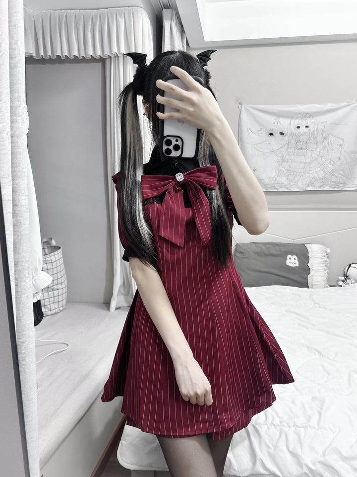 Burgundy Jirai Kei Striped Dress, Rhinestone Bow Tie 45805:863883