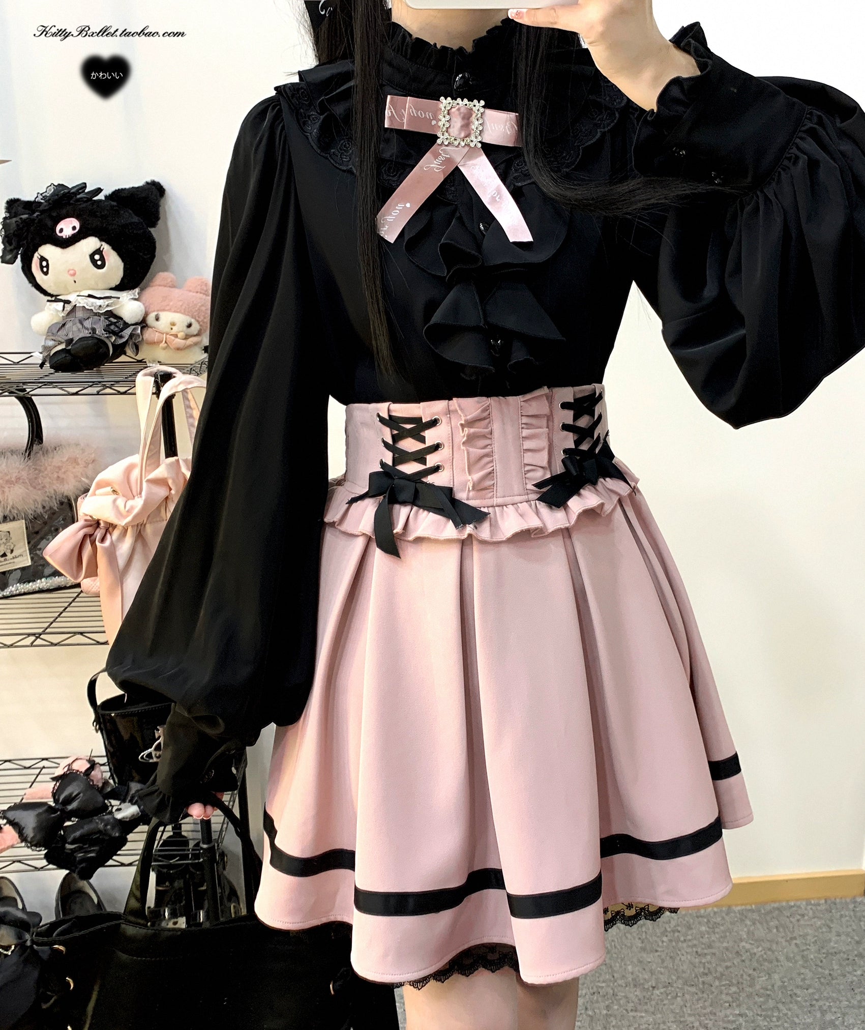 Jirai Kei Skirt High Waist Lace Up Skirt With Bow Tie 31860:396708
