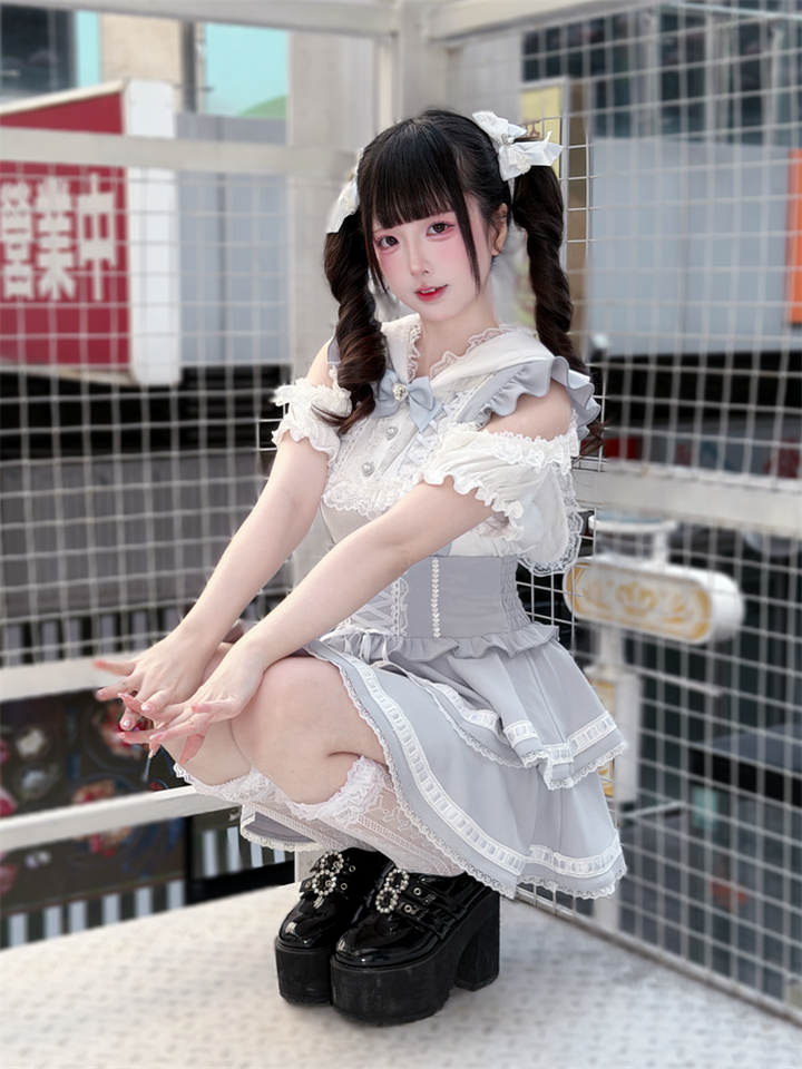 Ryousangata Bunny Ear Hooded Blouse, Tiered Suspender Skirt 45575:858424