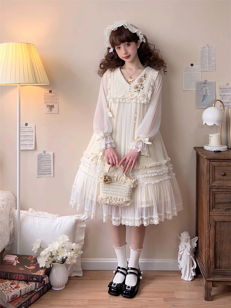 Sunflower Daily Lolita Dress Mori Kei Dress Long Sleeve Dress 36478:552244