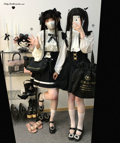Jirai Kei White Black Blouse Lace Standing Collar Long Sleeved Shirt 31852:372692